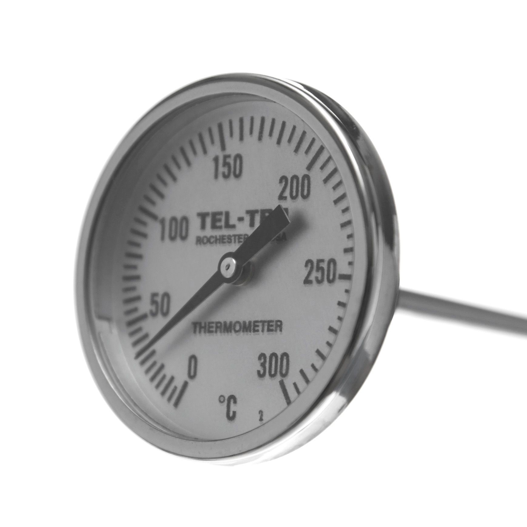 TERMÓMETRO BIMETÁLICO DE 0 A 300°C. VÁSTAGO DE 20cm. ROSCA DE 1/4". TEL-TRU