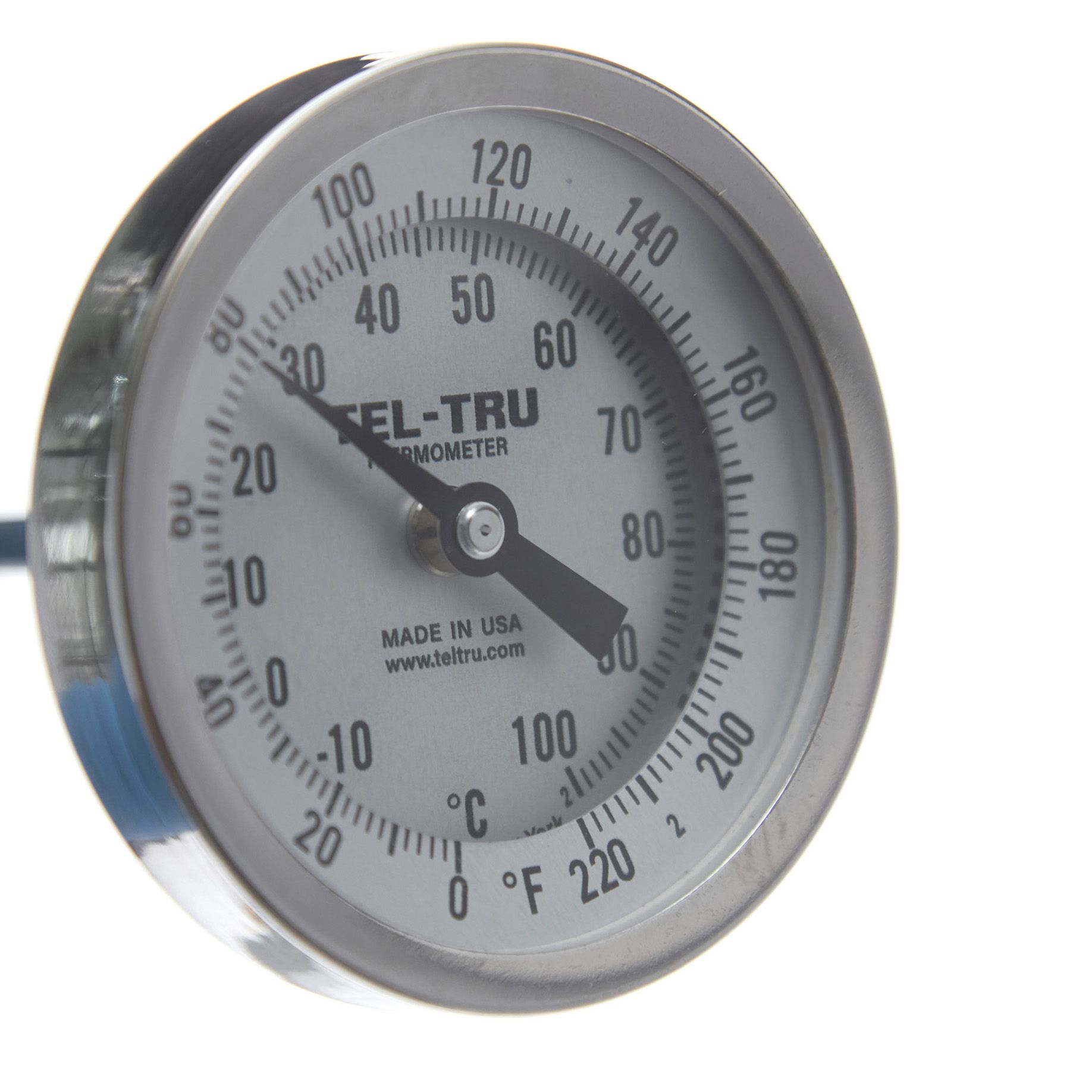 TERMÓMETRO BIMETÁLICO DE -10 A 110°C Y 0 A 220°F. VÁSTAGO DE 10cm. ROSCA DE 1/2". TEL-TRU