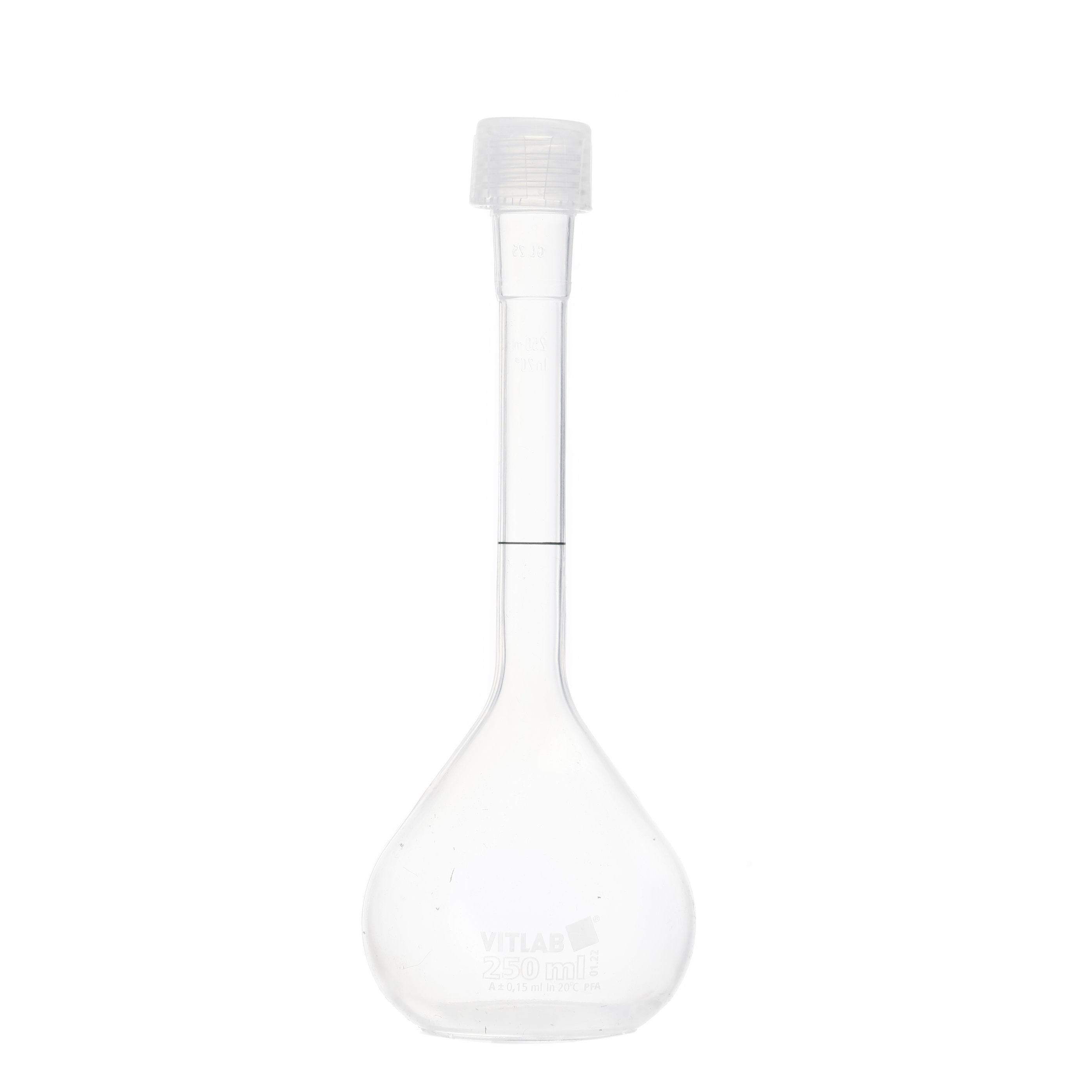 MATRAZ VOLUMÉTRICO DE PFA DE 250ml CLASE A DIN CON CERTIFICADO. VITLAB