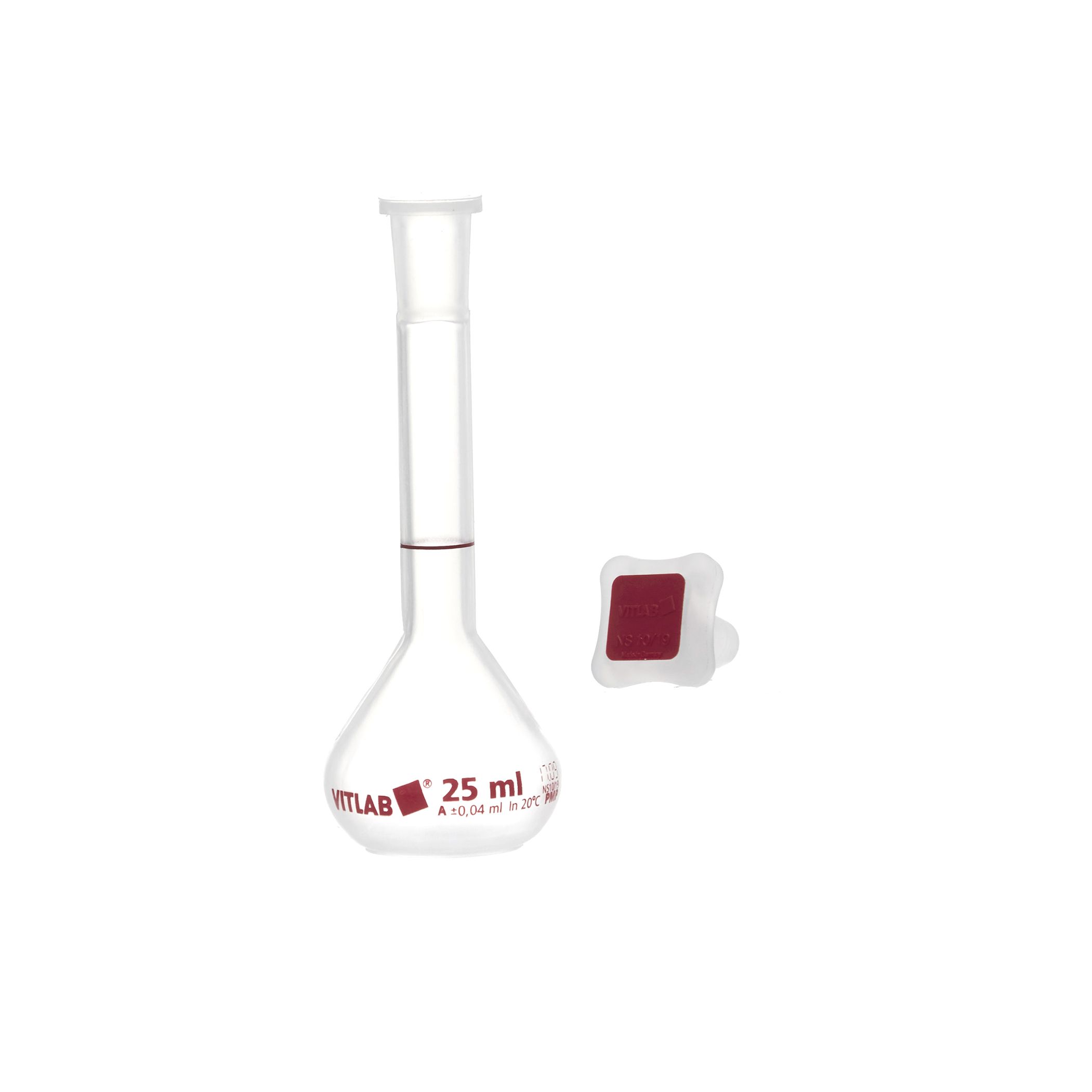 MATRAZ VOLUMÉTRICO DE PMP DE 25mL CLASE A DIN CON CERTIFICADO. VITLAB